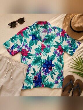 Hilo Hattie Vtg Green, Blue & Fuchsia Hawaiian Camp Button Shirt. Mens L